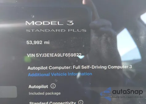 2020 Tesla Model 3 Standard Range Plus Rear-Wheel Drive/Standard Range Rear-Wheel Drive z USA, uszkodzony, nr VIN 5YJ3E1EA9LF659822